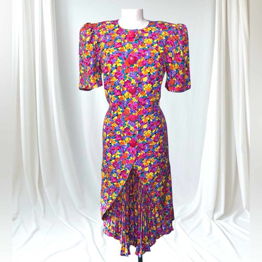 Vintage Nina Raynor 100% Silk Floral Multicolor‎ Statement Dress - Picture 11 of 13